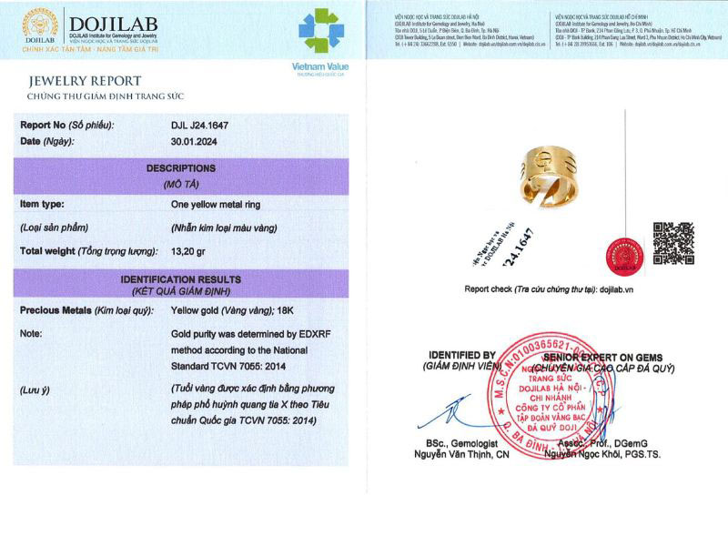 Mẫu chứng thư kiểm định trang sức vàng